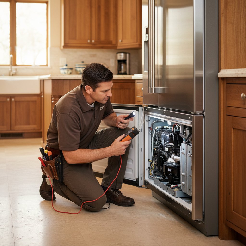Technician repairing Sub-Zero refrigerator in Castle Rock home