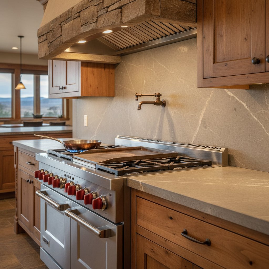 Wolf dual-fuel professional range in Castle Rock home with saddle-brown cabinetry